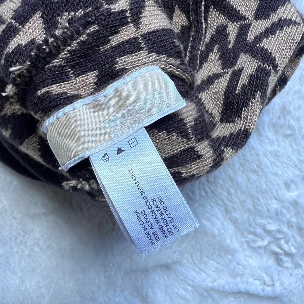 Michael Kors Brown Tan Monogram Logo Knit Cuffed Beanie Hat One Size USED